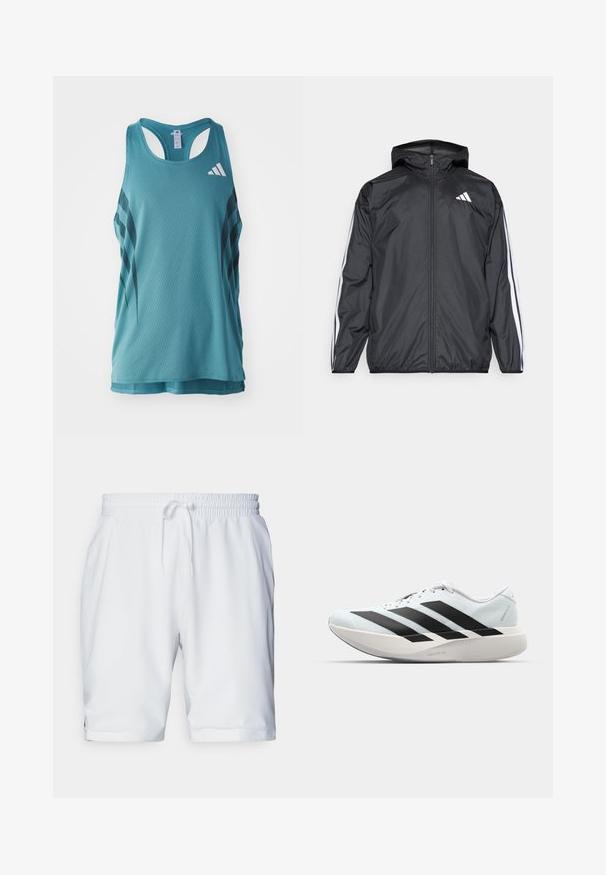 Črna vetrovka s kapuco, izdelana iz gladkega, lahkega materiala. Ima bele črte ob rokavih in logo na prsih.; Svetlo teal športna majica brez rokavov z teksturiranim mrežastim vzorcem, z črnimi diagonalnimi črtami in belim logotipom na zgornjem levem delu.; Beli športni kratki hlače z elastičnim pasom in prilagodljivo vrvico. Gladko blago z rahlo teksturo, z bočnimi žepi.; Lahki tekaški čevlji v svetlo modri barvi z belimi črtami. Imajo gladek zgornji del, okroglo kapico in debel bel srednji podplat z označbo "LIGHTSTRIKE PRO."