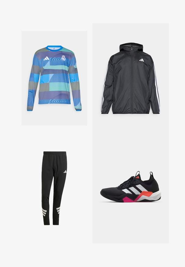 Crna jakna s kapuljačom, izrađena od glatkog, laganog materijala. Sadrži bijele pruge duž rukava i logo na prsima.; Dugotračni sportski dres sa plavim i zelenim geometrijskim uzorkom, izrađen od lagane tkanine s rebrastim plavim ovratnikom i Adidas logom.; Crne sportske hlače s elastičnim pojasom, s reflektirajućim bijelim akcentima u prugastom uzorku na donjim dijelovima nogavica. Izrađene od glatkog materijala.; Crne atletske tenisice s bijelim prugama, teksturiranim gornjim dijelom i debelim potplatom s narančastim, ružičastim i bijelim detaljima. Dizajn s vezicama i trakom za povlačenje.