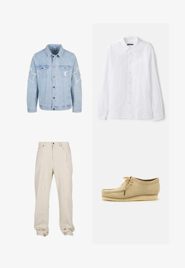 Vaaleansininen farkkutakki, jossa on tähden muotoisia kulutuksia, metallinapit, kaksi rintataskua ja hienovaraisia valkoisia maalispray-yllätyksiä.; Valkoinen pitkähihaisten nappipaidan, joka on valmistettu teksturoidusta kankaasta. Siinä on klassinen kaulus ja napitettava etuosa, jossa on pieniä pyöreitä nappeja.; Beige puuvillased cargo püksid, millel on mitmed taskud, toores õmblusaktsendid, lahti sobivus ja rullitud varrukad. Tekstuuriga kangas, millel on nähtavad õmblused.; Vaaleanbeige mokkasiinikenkä, jossa on nauhakiinnitys, ommeltu yksityiskohtia ja kumipohja. Muotoilu on rento, jossa on kevyt kiilakorko.