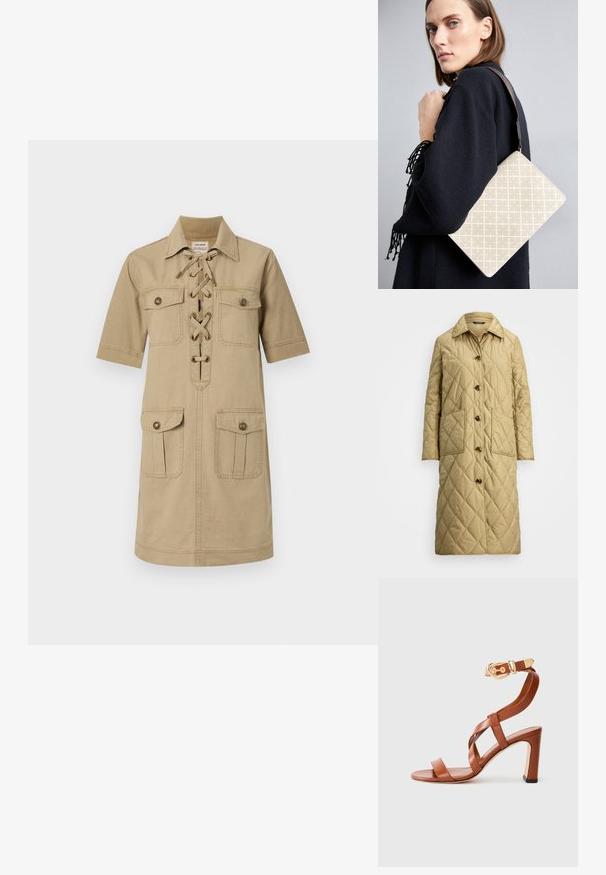 Beżowy pikowany płaszcz z wysokim kołnierzem, sześcioma przednimi guzikami i dwoma dużymi bocznymi kieszeniami. Tekstura jest gładka z diamentowymi wzorami.; Jasno brązowa sukienka krótki rękaw z kołnierzykiem na guziki, sznurowanym przodem oraz dwiema górnymi i dolnymi kieszeniami naszytymi. Tekstura materiału bawełnianego.; Brązowe skórzane sandały na obcasie z paskowym wzorem i klamrą na kostce. Charakteryzują się zamkniętym tyłem i wysokim, masywnym obcasem. Gładka faktura.; Beżowa torebka na ramię w wzory, o sztywnym kształcie, z brązowym, teksturowanym paskiem. Nosi ją modelka na tle szarym.