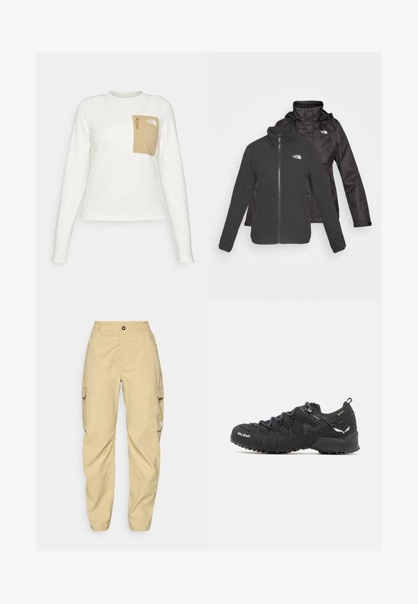 Two-layer jacket in black: a zip-front fleece with stand collar and a waterproof shell with a hood; includes logos on both layers.; White long-sleeve shirt made of textured fabric with a beige patch pocket featuring a drawstring and logo.; The North Face EXPLORATION CARGO PANTS - Outdoor trousers - khaki stone; Black hiking shoes with a textured fabric upper, lacing system, and rugged rubber sole. Accented with reflective details and logos.