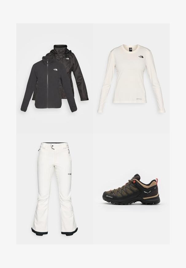 Dvouvrstvá černá bunda: fleecová bunda se zipem vpředu a stojáčkem, plus nepromokavá vrchní vrstva s kapucí; obsahuje loga na obou vrstvách.; The North Face SHADOW LONG SLEEVE - Top s dlouhým rukávem - white dune; Bílé lyžařské kalhoty vyrobené z měkkého, pružného materiálu. Mají dobře padnoucí pas, široké rozšířené nohavice a černé lemy na manžetách. Viditelné logo značky.; Černá a hnědá turistická bota s horní částí z prodyšné síťoviny, červenými akcenty, zesílenou špičkou a texturovanou gumovou podrážkou pro lepší přilnavost.