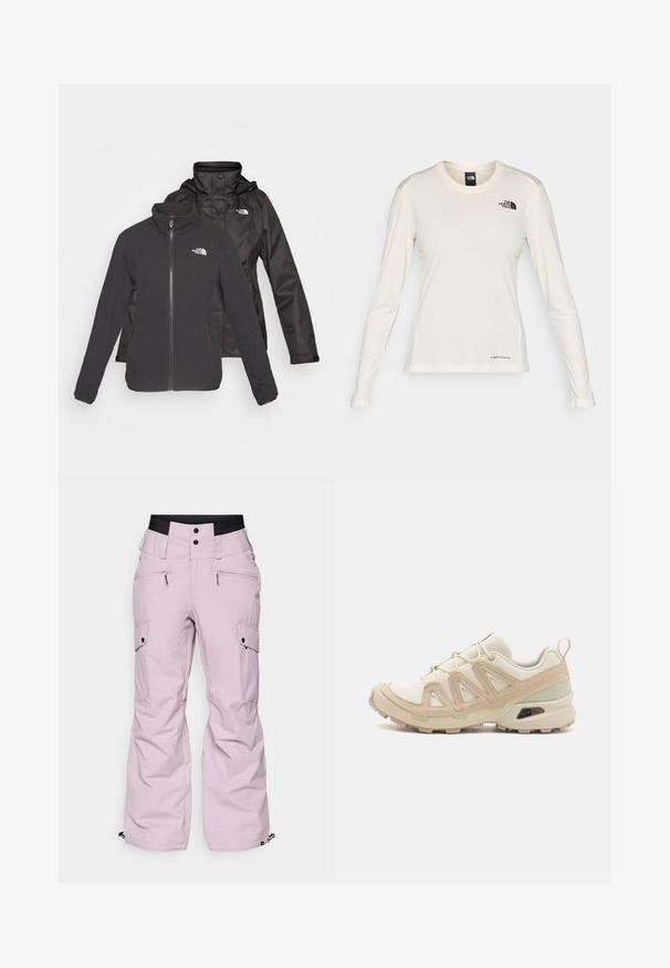 Two-layer jacket in black: a zip-front fleece with stand collar and a waterproof shell with a hood; includes logos on both layers.; The North Face SHADOW LONG SLEEVE - Long sleeved top - white dune; Pink snow pants with a relaxed fit, featuring multiple pockets, a wide waistband, zipper accents, and elastic cuffs at the ankles.; Beige and cream athletic shoe with textured mesh upper, supportive overlays, and rubber outsole featuring a tread pattern for traction.