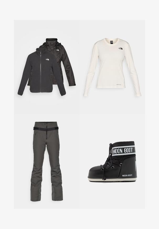 Juodos spalvos dvigubas švarkas: su užtrauktuku, vilnonis pamušalas su iškilniu apykakle ir vandeniui atspari išorinė danga su kapišonu; abiejuose sluoksniuose yra logotipai.; The North Face SHADOW LONG SLEEVE - Ilgarankovis viršutinės dalies drabužis - white dune; Bogner Fire + Ice BORJA4 - Slidinėjimo kelnės - dark green; Juodas mėnulio botas su paminkštintu viršumi, užsegamas raišteliais ir išskirtine balta juosta su logotipu. Storas, tekstūruotas guminis padas.