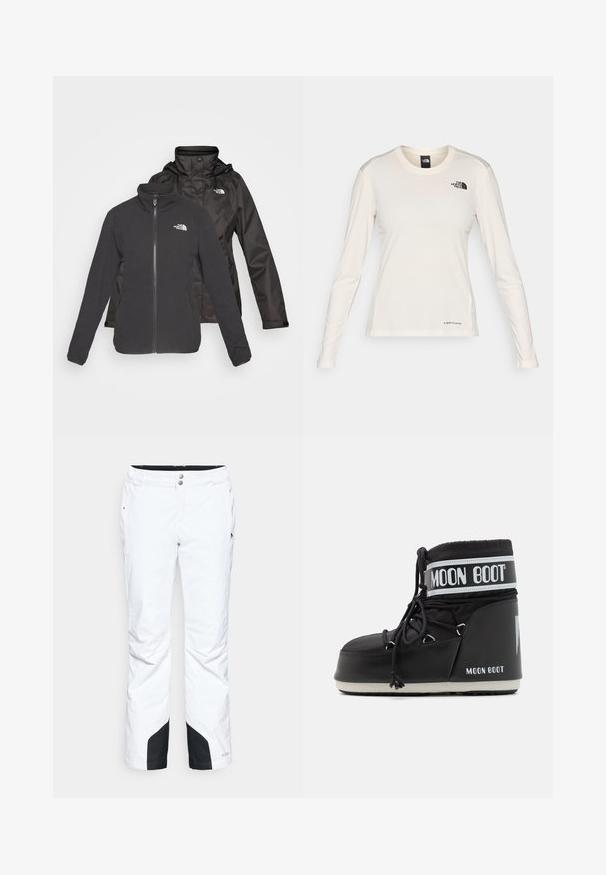 Dwuwarstwowa kurtka w kolorze czarnym: polar z zamkiem z przodu i stójką oraz wodoodporna powłoka z kapturem; zawiera logo na obu warstwach.; The North Face - Bluzka z długim rękawem; Białe spodnie narciarskie o eleganckim fasonie, z dwiema przednimi kieszeniami, wzmocnionymi czarnymi panelami dolnymi oraz zapięciem na guzik w pasie.; Czarne buty Moon Boot z wyściełanym cholewką, zabezpieczone sznurówkami i charakterystycznym białym paskiem z logo. Gruba, teksturowana gumowa podeszwa.