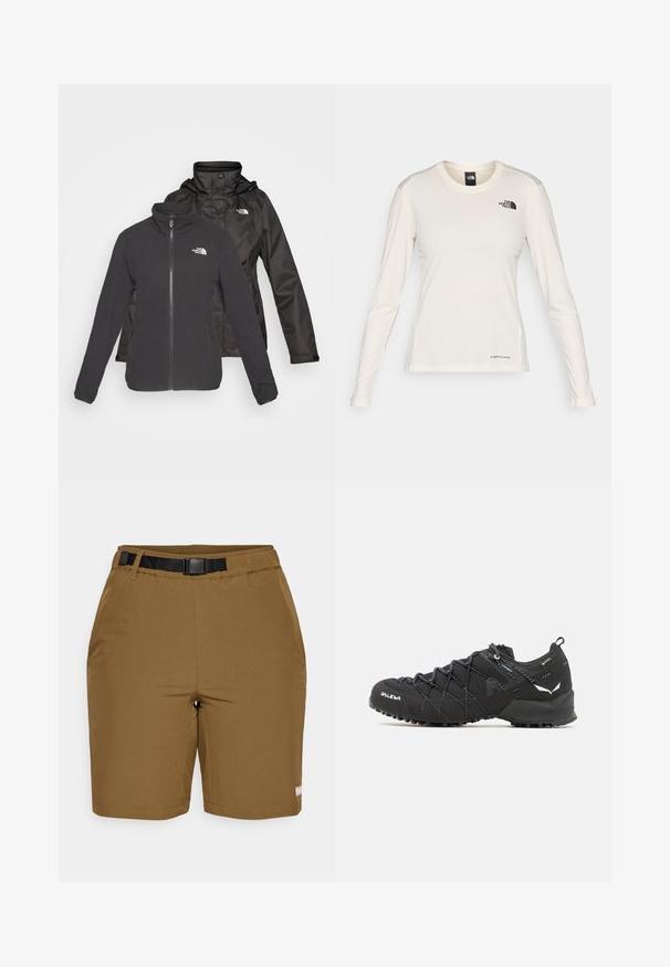 Divslāņa jaka melnā krāsā: ar zipa priekšpusi un stāvu apkakli, fleece materiāls un ūdensnecaurlaidīgs apvalks ar kapuci; abos slāņos ietverti logo.; The North Face SHADOW LONG SLEEVE - Tops ar garām piedurknēm - white dune; Brūni šorti ar plakanu jostasvietu un pielāgojamu melnu jostu, ar gludu auduma tekstūru un divām sānu kabatām.; Melnas pārgājienu kurpes ar teksturētu auduma virsu, šņorēšanas sistēmu un izturīgu gumijas zoli. Akcentētas ar atstarojošām detaļām un logo.