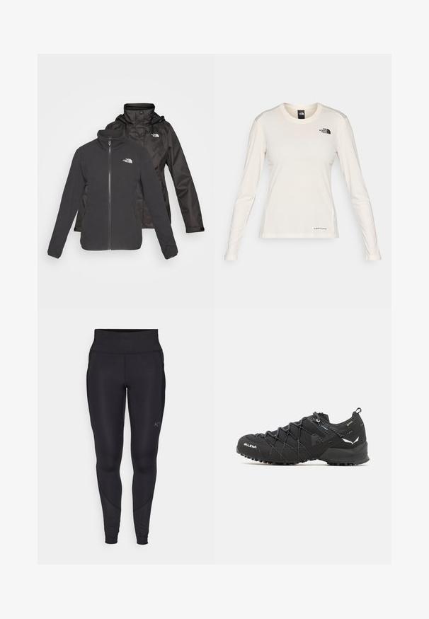 Divslāņa jaka melnā krāsā: ar zipa priekšpusi un stāvu apkakli, fleece materiāls un ūdensnecaurlaidīgs apvalks ar kapuci; abos slāņos ietverti logo.; The North Face SHADOW LONG SLEEVE - Tops ar garām piedurknēm - white dune; Melnas sportiskas legingas, kas izgatavotas no elastīga materiāla, ar augstu jostasvietu un vieglām sānu šuvēm. Logo druka uz apakšējās kājas.; Melnas pārgājienu kurpes ar teksturētu auduma virsu, šņorēšanas sistēmu un izturīgu gumijas zoli. Akcentētas ar atstarojošām detaļām un logo.