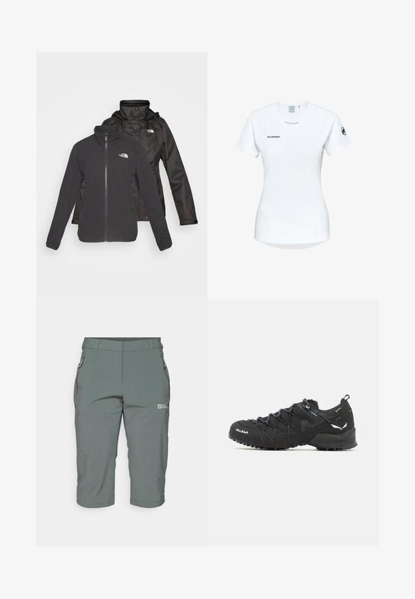 To-lags jakke i sort: en fleece med lynlås foran og stående krave samt en vandtæt skal med hætte; inkluderer logoer på begge lag.; Kortærmet hvid sportsshirt med rund hals, prydet med et logo på brystet og en glat, let stofstruktur.; Grå udendørs shorts med en lynlåslomme, lige pasform og let, åndbart stof med en glat overflade.; Sorte vandresko med en tekstureret stofoverdel, snøresystem og robust gummisål. Accenteret med reflekterende detaljer og logoer.