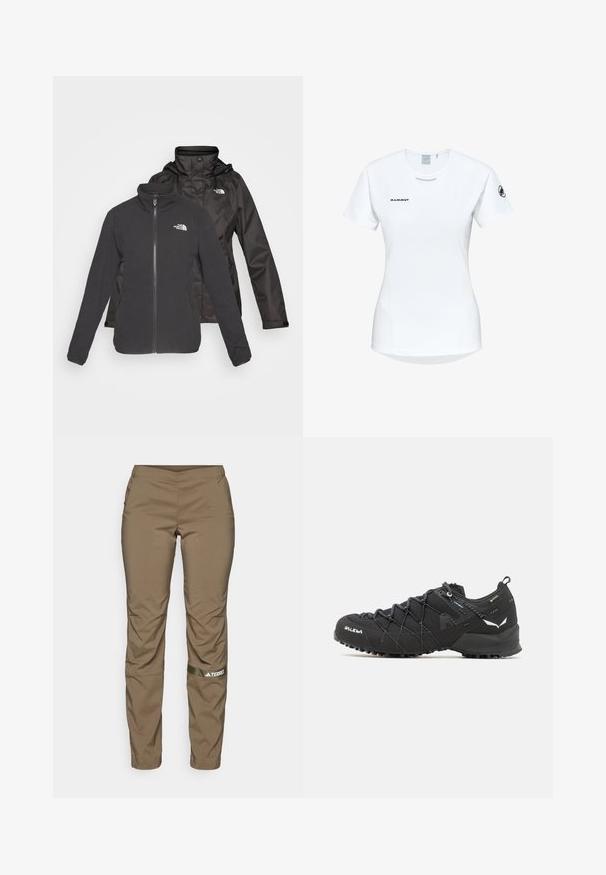Dwuwarstwowa kurtka w kolorze czarnym: polar z zamkiem z przodu i stójką oraz wodoodporna powłoka z kapturem; zawiera logo na obu warstwach.; Koszulka sportowa z krótkim rękawem w kolorze białym, z okrągłym dekoltem, z logo na piersi i gładką, lekką teksturą materiału.; adidas Terrex - Długie spodnie trekkingowe; Czarne buty trekkingowe z teksturowaną cholewką z tkaniny, systemem sznurowania i wytrzymałą gumową podeszwą. Udekorowane odblaskowymi detalami i logo.