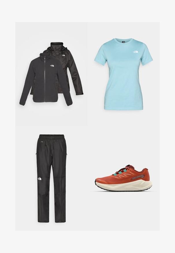Dvojvrstvová bunda v čiernej farbe: fleece s predným zipsom a stojacím golierom, a vodotesná vrstva s kapucňou; obsahuje logá na oboch vrstvách.; Svetlo modré bavlnené tričko s krátkymi rukávmi a okrúhlym výstrihom; má malé biele logo na hornej ľavej časti hrude.; Čierne vodeodolné nohavice vyrobené z ľahkej tkaniny, s elastickým pásom, bočnými vreckami a logom na ľavom stehne.; Červená bežecká obuv s textúrovaným zvrškom, sieťovinovými panelmi a tyrkysovými akcentmi. Obsahuje polstrovanú bielu medzipodrážku a čiernu gumovú podrážku.