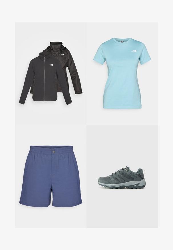 Dwuwarstwowa kurtka w kolorze czarnym: polar z zamkiem z przodu i stójką oraz wodoodporna powłoka z kapturem; zawiera logo na obu warstwach.; Jasnoniebieska bawełniana koszulka z krótkim rękawem i okrągłym dekoltem; posiada małe białe logo na górnej lewej części klatki piersiowej.; Granatowe szorty wykonane z lekkiego materiału, z elastycznym paskiem w talii, zapięciem na guzik z przodu oraz szwami bocznymi dla luźniejszego fasonu.; Ciemnoszare buty trekkingowe z górną częścią wykonaną z siateczki i zamszu, z sznurowaniem, amortyzowaną podeszwą i wytrzymałą podeszwą z bieżnikiem zapewniającym przyczepność.