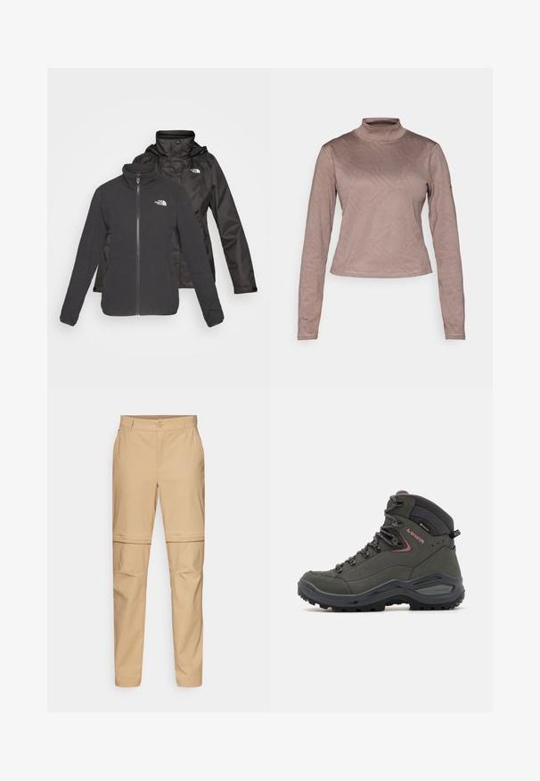 To-lags jakke i sort: en fleece med lynlås foran og stående krave samt en vandtæt skal med hætte; inkluderer logoer på begge lag.; Columbia GRANITE POINT™ - Langærmet T-shirt - iron; Beige zip-off cargo bukser med flad front, knaplukning og tapered ben. Fremstillet af letvægtsstof med en glat tekstur.; Grøn vandrestøvle med højt ankeldesign, læder- og syntetisk materiale, gummisål og metaløjer til snørrebånd. Minimale detaljer.