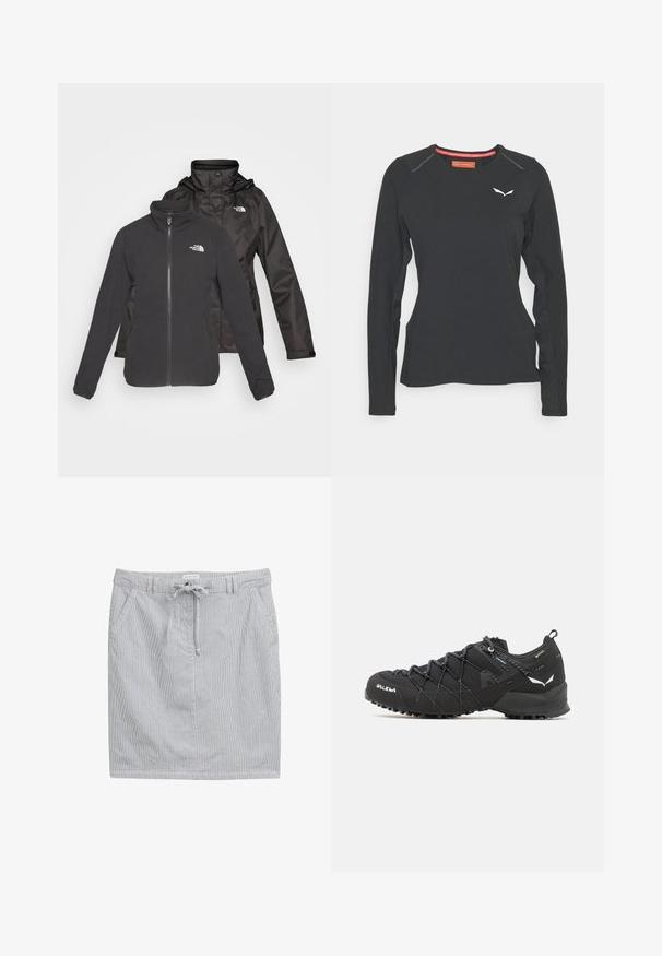 Tvålagersjacka i svart: en fleece med dragkedja framtill och ståkrage samt ett vattentätt skal med huva; inkluderar logotyper på båda lagren.; Salewa PEDROC DRY TEE W. - Långärmad tröja - black out; Randig kjol i ljusblå och vit bomull med elastisk midja, dragsko och två sidofickor. Slen textur, högt över knäna.; Svarta vandringsskor med ett texturerat tygöverdrag, snörningssystem och slitstark gummisula. Prydda med reflekterande detaljer och logotyper.