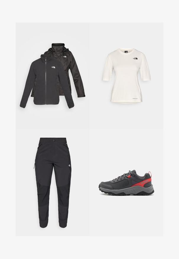 Dvoslojna jakna v črni barvi: flis s zaklopom in stoječim ovratnikom ter vodoodporna zunanja plast s kapuco; vključuje logotipe na obeh plasteh.; The North Face SHADOW SHORT SLEEVE - Športne majice - white dune; Črne zunanje hlače iz trpežnega materiala. Imajo žepke na zadrgo, ojačane kolenske dele in ravno krojeno zasnovo za prosto gibanje.; Sive zunanje tene s mrežnim zgornjim delom, rdečimi in akvaba barvnimi poudarki, okroglimi vezalkami, oblazinjenim podplatom ter robustnim črnim gumijastim podplatom za oprijem.