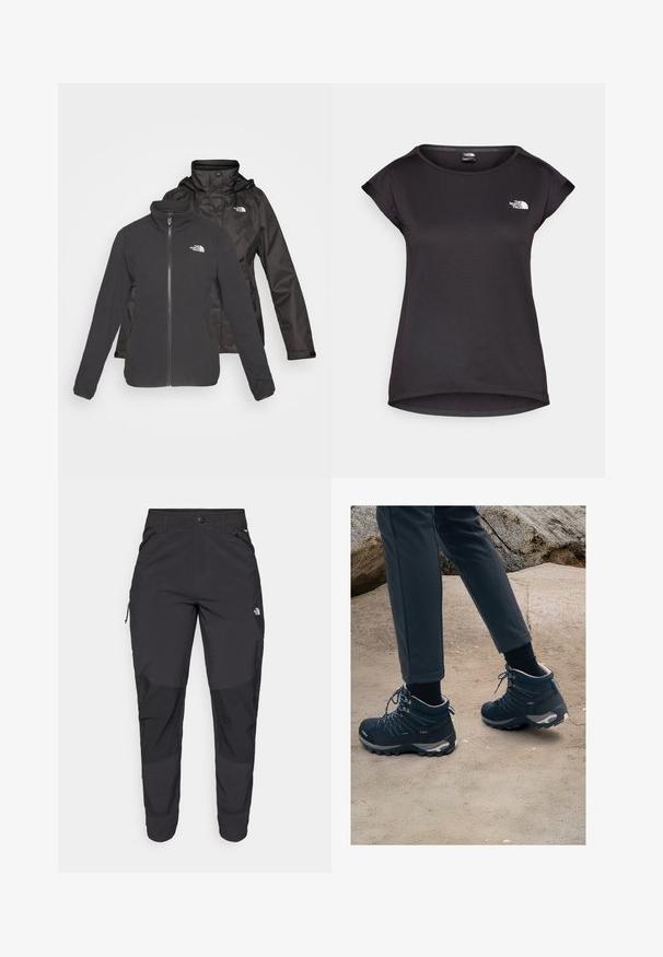 Casaco de duas camadas em preto: um fleece com fecho à frente e gola alta e uma casca impermeável com capuz; inclui logótipos em ambas as camadas.; The North Face TANKEN TANK - T-shirt desportiva - black; Calças pretas para exterior feitas de um tecido resistente. Apresentam bolsos com fecho, painéis de joelhos reforçados e um design de corte reto para maior mobilidade.; Botas de caminhada azuis escuras com malha texturizada, atacadores e solas de borracha, combinadas com calças escuras, contra um fundo arenoso e rochoso.