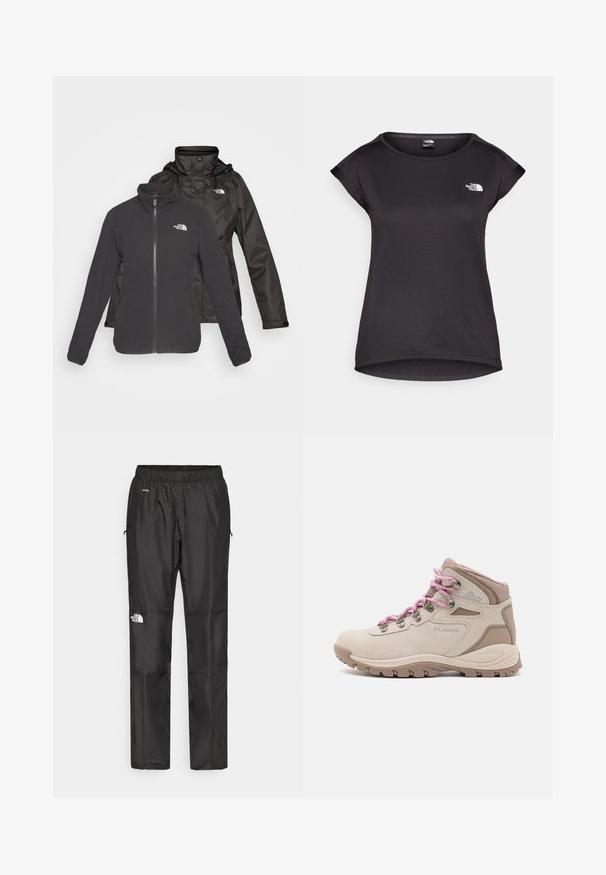 Casaco de duas camadas em preto: um fleece com fecho à frente e gola alta e uma casca impermeável com capuz; inclui logótipos em ambas as camadas.; The North Face TANKEN TANK - T-shirt desportiva - black; Calças pretas à prova d'água feitas de um tecido leve, com cintura elástica, bolsos laterais e um logótipo na perna esquerda.; Botas de caminhada beges com atacadores cor-de-rosa, parte superior em couro camurça e sintético, design de cano médio, sola em borracha com padrões de tração e colarinho almofadado.