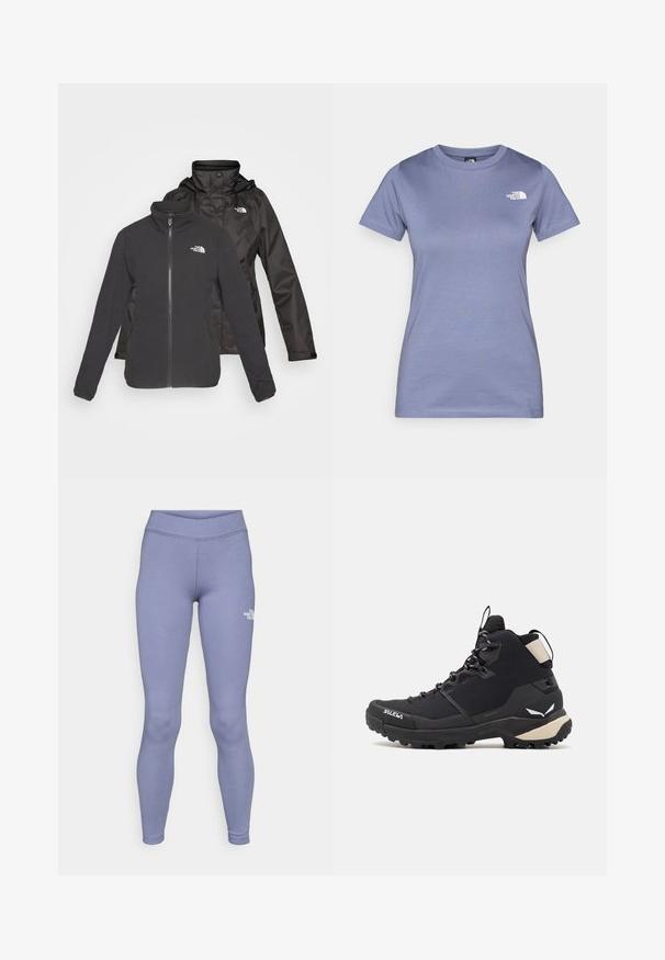 Casaco de duas camadas em preto: um fleece com fecho à frente e gola alta e uma casca impermeável com capuz; inclui logótipos em ambas as camadas.; T-shirt de manga curta lilás, feito de algodão, com decote redondo e um pequeno logótipo branco no peito. Textura suave.; Leggings atléticos azuis feitos de um tecido suave e elástico. Apresentam uma cintura alta e um pequeno logótipo branco na coxa esquerda.; Salewa PUEZ MID PTX - Sapatos de caminhada - black