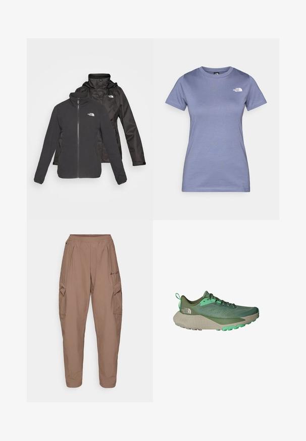Dvoslojna jakna v črni barvi: flis s zaklopom in stoječim ovratnikom ter vodoodporna zunanja plast s kapuco; vključuje logotipe na obeh plasteh.; Svetlo vijoličasta majica s kratkimi rokavi iz bombaža, z okroglo ovratnico in majhnim belim logotipom na prsih. Gladka tekstura.; Rjave cargo hlače z elastičnim pasom, dvema stranskima žepoma in teksturirano tkanino. Na sprednji strani ima izvezeno logo.; Zelena tekaška čevlja z mrežasto zgornjico, kontrastnimi akcenti in teksturiranim podplatom. Ima oblazinjeno srednjo enoto in ojačan petni del za stabilnost.