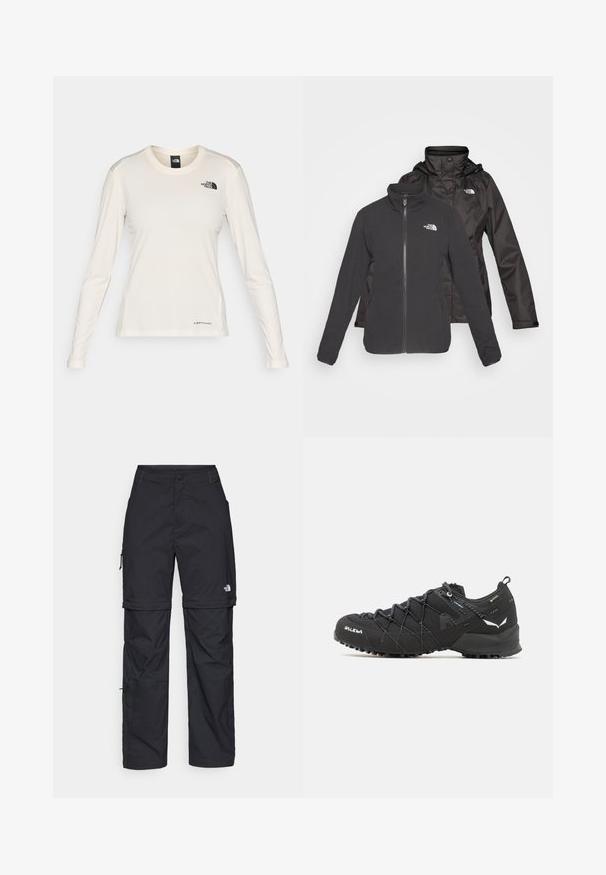 Two-layer jacket in black: a zip-front fleece with stand collar and a waterproof shell with a hood; includes logos on both layers.; The North Face SHADOW LONG SLEEVE - Long sleeved top - white dune; Black nylon zip-off cargo trousers with adjustable cuffs, multiple pockets, and a logo on the right leg. Smooth, lightweight texture.; Black hiking shoes with a textured fabric upper, lacing system, and rugged rubber sole. Accented with reflective details and logos.
