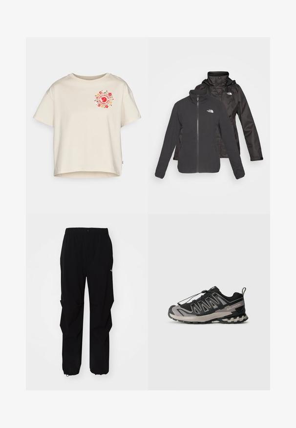 Dvouvrstvá černá bunda: fleecová bunda se zipem vpředu a stojáčkem, plus nepromokavá vrchní vrstva s kapucí; obsahuje loga na obou vrstvách.; Krémové bavlněné tričko s krátkým rukávem, na přední straně s kulatým květinovým logem v červené a zelené barvě, s kulatým výstřihem.; Černé venkovní kalhoty vyrobené z odolného materiálu, se uvolněným střihem, elastickým pasem a staženými manžetami pro nastavitelné délky.; Černá a šedá sportovní obuv s síťovaným svrchem, gumovou podrážkou a elastickým šněrovacím systémem. Obsahuje zesílenou špičku a texturované akcenty.