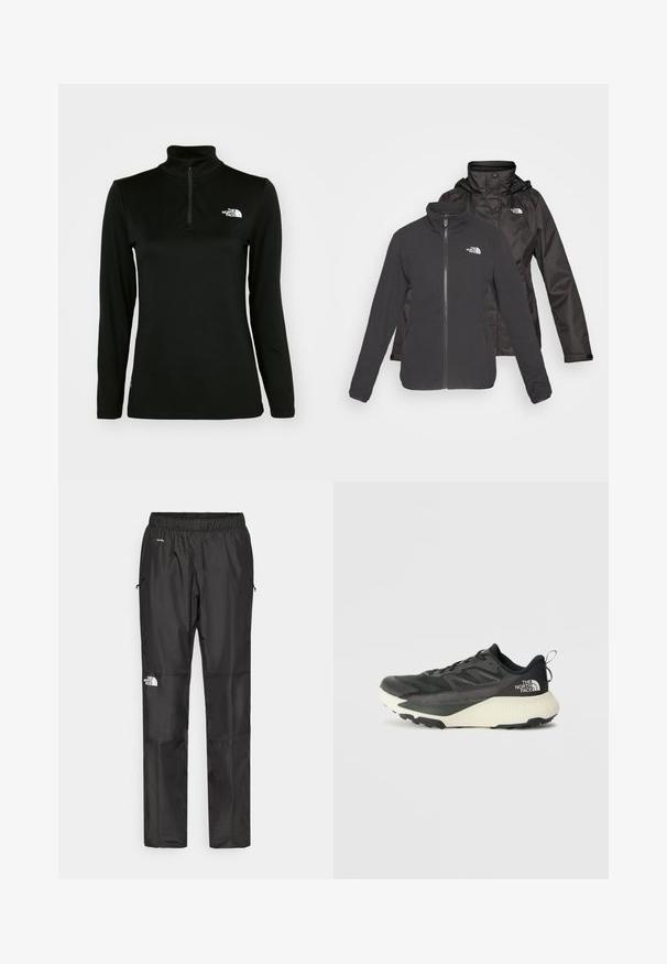 Kétrétegű fekete dzseki: cipzáras elülső részű polár felső réteg álló gallérral és vízálló héj kapucnival; mindkét rétegen logók találhatók.; Fekete, hosszú ujjú pulóver magas gallérral és negyed cipzárral, sima anyagból készült, bal mellen fehér logóval.; Fekete vízálló nadrág könnyű anyagból, rugalmas derékkal, oldalsó zsebekkel és logóval a bal lábon.; Fekete sportcipő, texturált felsőrésszel, szürke kiegészítőkkel és fehér középtalppal. Húzófüllel és kiemelkedő márkalandírral a sarkán.