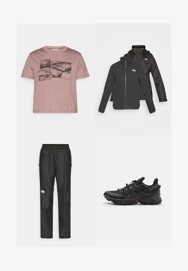 Must purjestik mustas: lukuga fliis seest ja veekindel kest kapuutsiga; sisaldab logo mõlemal kihil.; Lillak värvi lühikeste varrukatega T-särk, millel on kolm musta ristkülikukujulist loodusjoonistust, mis kujutavad mägesid, puid ja kaljuseid maastikke.; Mustad veepidavad püksid, mis on valmistatud kergest kangast, elastse vöökoha, küljetaskute ja logo kahel jalal.; Mustad mustetreeningjalatsid, millel on tekstureeritud pealmine osa, turvaline paeltesüsteem, pehme tald ja silmapaistev punane aktsent külgmisel osal.