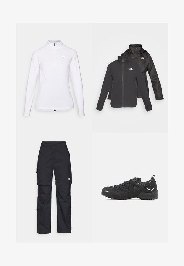 To-lags jakke i sort: en fleece med lynlås foran og stående krave samt en vandtæt skal med hætte; inkluderer logoer på begge lag.; Hvid langærmet pullover med kvart lynlås-krave, der har et sort logo på brystet og er lavet af glat, let stof.; Sorte nylon cargo bukser med lynlås, justerbare manchetter, flere lommer og et logo på højre ben. Glat, let tekstur.; Sorte vandresko med en tekstureret stofoverdel, snøresystem og robust gummisål. Accenteret med reflekterende detaljer og logoer.