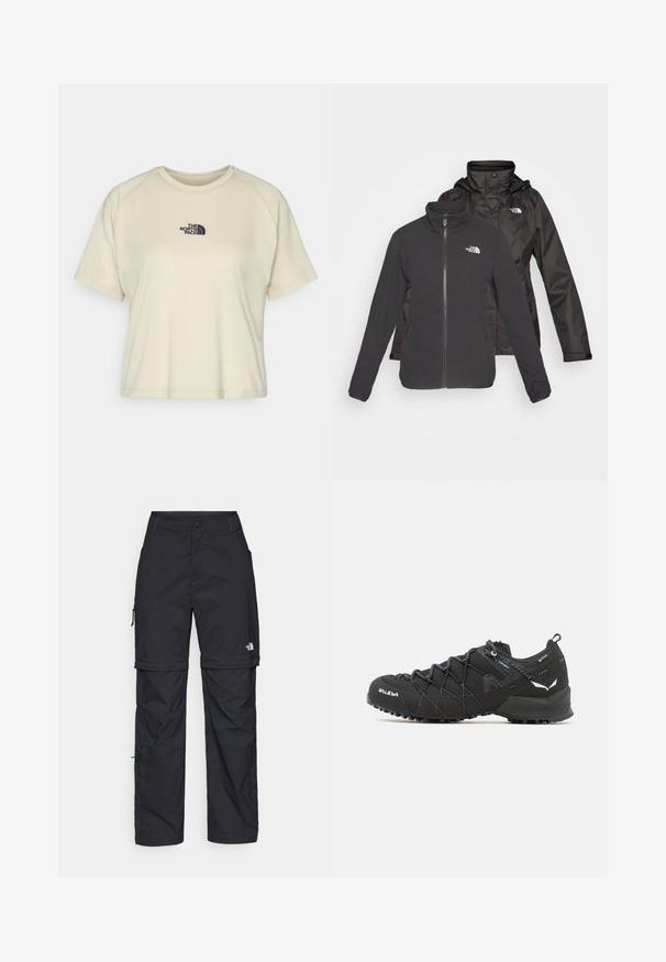 Casaco de duas camadas em preto: um fleece com fecho à frente e gola alta e uma casca impermeável com capuz; inclui logótipos em ambas as camadas.; T-shirt de mangas curtas, cor creme, com gola redonda e mangas raglan. Apresenta um logo bordado em preto na parte superior do peito.; Calças cargo pretas em nylon com fechos de correr removíveis, punhos ajustáveis, múltiplos bolsos e um logótipo na perna direita. Textura suave e leve.; Botas de caminhada pretas com parte superior em tecido texturizado, sistema de atacadores e sola de borracha robusta. Apresentam detalhes refletivos e logótipos.