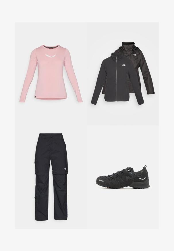 Two-layer jacket in black: a zip-front fleece with stand collar and a waterproof shell with a hood; includes logos on both layers.; Pink long-sleeve crewneck shirt with white minimalist logo centered on the chest, displayed on a plain white background.; Black nylon zip-off cargo trousers with adjustable cuffs, multiple pockets, and a logo on the right leg. Smooth, lightweight texture.; Black hiking shoes with a textured fabric upper, lacing system, and rugged rubber sole. Accented with reflective details and logos.