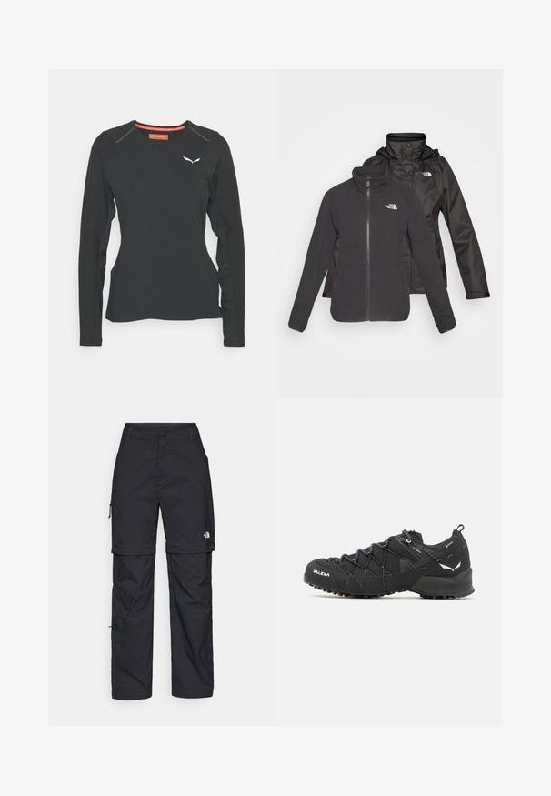 Dvoslojna jakna v črni barvi: flis s zaklopom in stoječim ovratnikom ter vodoodporna zunanja plast s kapuco; vključuje logotipe na obeh plasteh.; Salewa PEDROC DRY TEE W. - Majica z dolgimi rokavi - black out; Črne najlon hlače z zipom, ki se lahko odstranijo, s prilagodljivimi manšetami, več žepi in logotipom na desni nogi. Gladka, lahka tekstura.; Črne pohodniške čevlje z teksturiranim zgornjim delom iz blaga, sistemom vezalk in trdnim gumijastim podplatom. Opremljeni so z odsevnimi detajli in logotipi.
