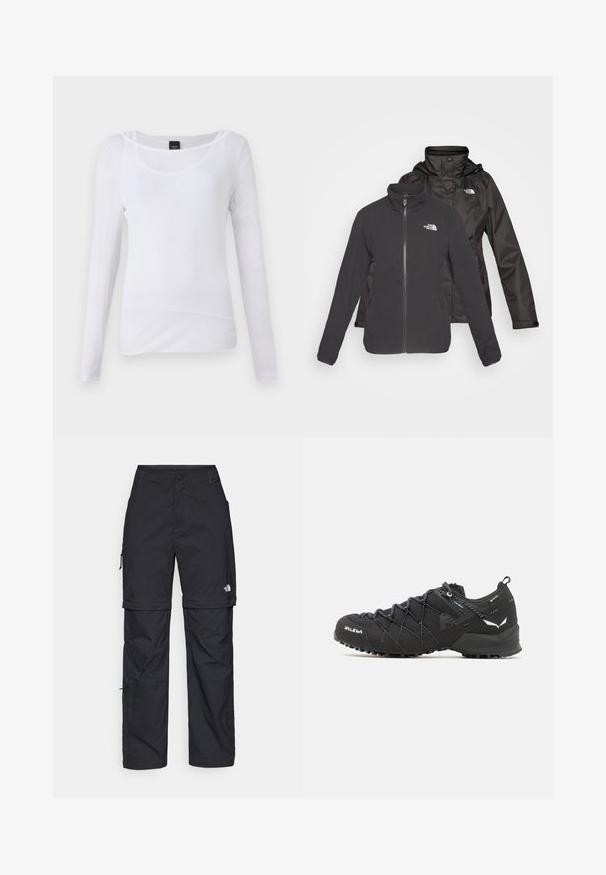 Kétrétegű fekete dzseki: cipzáras elülső részű polár felső réteg álló gallérral és vízálló héj kapucnival; mindkét rétegen logók találhatók.; Fehér, hosszú ujjú póló, könnyű anyagból készült. Kerek nyakkivágású és testhezálló dizájn jellemzi, minimális varrásokkal.; Fekete nylon zipzáras cargo nadrág állítható mandzsettával, több zsebbel és logóval a jobb lábon. Simább, könnyű textúra.; Fekete túracipők texturált szövet felső résszel, fűzési rendszerrel és strapabíró gumitalppal. Reflektáló részletekkel és logókkal díszítve.