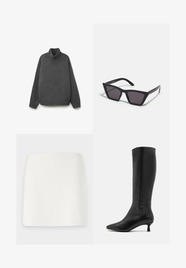 IVY OAK CLEMENCE - Klassischer Mantel - black; Grau kombinierter Strick-Pullover mit Rollkragen und gerippten Bündchen und Saum. Übergroßes Design mit strukturierter Oberfläche, das ein gemütliches Erscheinungsbild bietet.; Weißer, taillierter Minirock mit glatter Textur und klaren Linien. Keine sichtbaren Muster oder Beschläge. Gerader Saum am unteren Ende.; Zign Stiefel - black; Schwarze, eckige Sonnenbrille mit grauen Gläsern; aus Kunststoff gefertigt, mit dicken Bügeln, die eine glatte Oberfläche und keine sichtbaren Beschläge haben.; Schwarze Leder-Tote mit zwei langen Griffen, einer strukturierten Form, glatter Textur und minimalistischem Design. Keine sichtbaren Beschläge oder Akzente.; Schwarze Lederhandschuhe mit glatter Textur und Fünf-Finger-Design. Sie verfügen über ein gerafftes Handgelenk und ein kleines Logo am Bündchen.