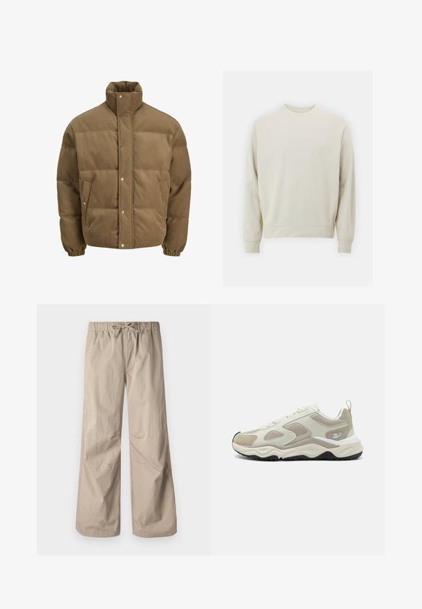 Brown corduroy puffer jacket with high collar, snap buttons, elastic cuffs, and side pockets, displayed on a white background.; Light beige sweatshirt made of soft fabric with a crew neck, long sleeves, and ribbed cuffs and hem. Minimalist design, no visible patterns.; Beige wide-leg pants with an elastic waistband and drawstring. Smooth texture, two side pockets, and minimal seams for a relaxed fit.; Beige athletic shoe with a mix of smooth synthetic and mesh materials, textured accents, and a thick white and black sole.