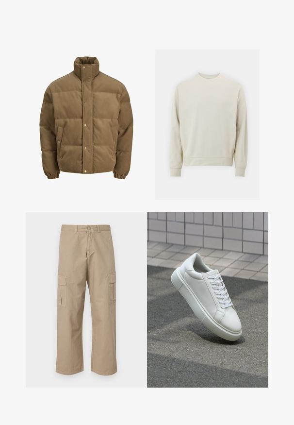 Hnedý kordurovkový bomber s vysokým golierom, sponami, elastickými manžetami a postrannými vreckami, vystavený na bielom pozadí.; Svetlo béžová mikina vyrobená z mäkkej tkaniny s okrúhlym výstrihom, dlhými rukávmi a pruhovanými manžetami a lemom. Minimalistický dizajn, bez viditeľných vzorov.; Béžové cargo nohavice s rovnými nohavicami, obsahujúce dva bočné vrecká a štandardné zapínanie na gombík v páse. Hladká bavlnená látka.; Biele kožené tenisky s hladkým povrchom, okrúhlym špičkou a plochými bielymi šnúrkami. Obsahuje štruktúrovanú gumovú podrážku a minimalistický dizajn.