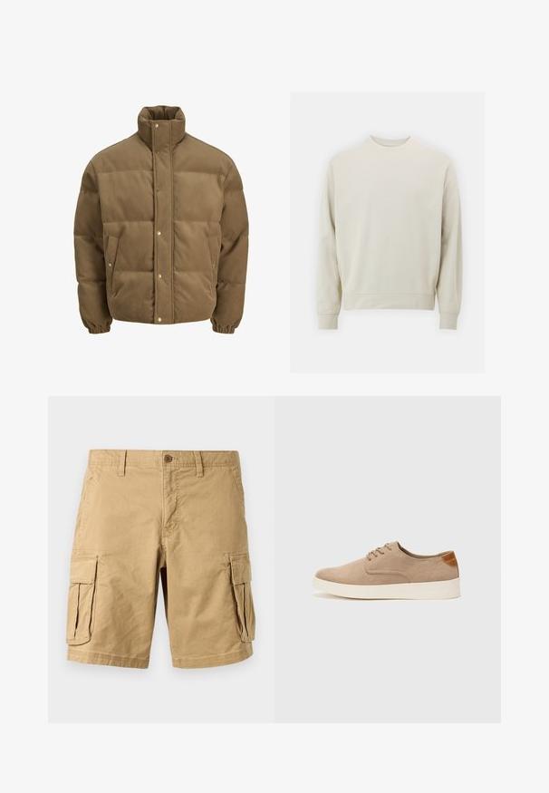Giacca puffer in corduroy marrone con colletto alto, bottoni a pressione, polsini elasticizzati e tasche laterali, esposta su uno sfondo bianco.; Felpa beige chiaro realizzata in morbido tessuto con collo rotondo, maniche lunghe e polsini e orlo a costine. Design minimalista, senza motivi visibili.; Pantaloni cargo beige realizzati in cotone leggero, con due grandi tasche laterali, chiusura con bottone e passanti per cintura. Tessuto liscio.; Sneaker in suede beige con punta arrotondata, stringhe davanti e un accento testurizzato sul retro. La suola in gomma bianca offre un contrasto. Design semplice e moderno.