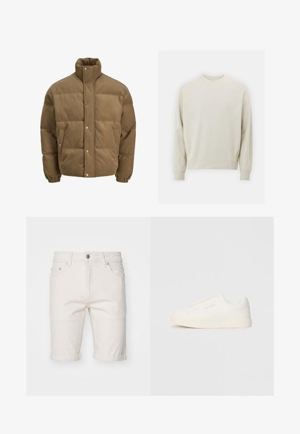 Rjav cordurojasti puhovnik z visokim ovratnikom, zaponkami na gumbe, elastičnimi manšetami in stranskimi žepi, prikazan na beli podlagi.; Svetlo bež sweatshirt iz mehkega blaga s krožnim izrezom, dolgimi rokavi ter rebrastimi manšetami in robom. Minimalističen dizajn, brez vidnih vzorcev.; Beli bombažni denim šort s zvitimi hlačnicami, opremljen s petimi žepi, zaklopom na gumb in subtilno teksturo.; Bele zapete brez vezalk z teksturirano površino, debelim podplatom in minimalističnim dizajnom. Na strani se nahaja logotip blagovne znamke.