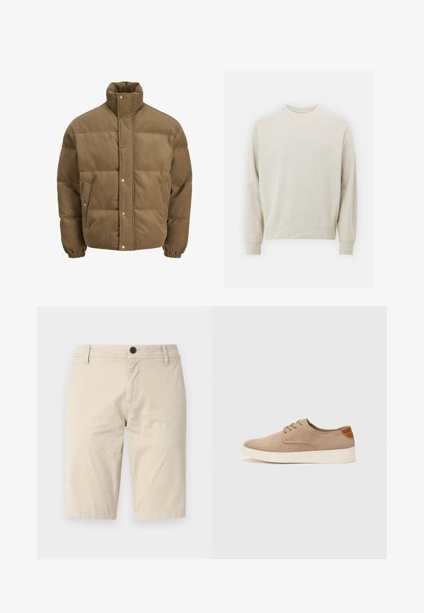 Rjav cordurojasti puhovnik z visokim ovratnikom, zaponkami na gumbe, elastičnimi manšetami in stranskimi žepi, prikazan na beli podlagi.; Svetlo bež sweatshirt iz mehkega blaga s krožnim izrezom, dolgimi rokavi ter rebrastimi manšetami in robom. Minimalističen dizajn, brez vidnih vzorcev.; Bež kratke hlače iz lahkega materiala, s ploščatim sprednjim delom, enojnim zapiranjem na gumb in dvema stranskima žepoma; gladka tekstura.; Bež tkanine usnjene superge z zaobljenim nosom, vezalkami na sprednji strani in teksturiranim zadnjim detajlom. Belo gumijasto podplato zagotavlja kontrast. Enostaven in sodoben dizajn.