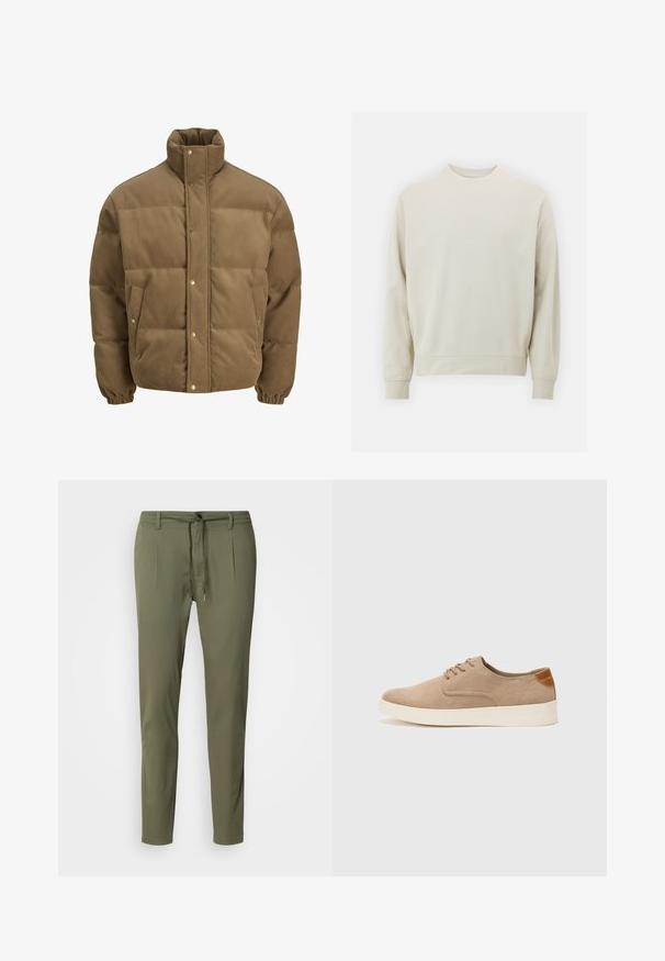 Braune Cord-Puffjacke mit hohem Kragen, Druckknöpfen, elastischen Bündchen und Seitentaschen, auf einem weißen Hintergrund präsentiert.; Helles beiges Sweatshirt aus weichem Stoff mit Rundhalsausschnitt, langen Ärmeln und gerippten Bündchen und Saum. Minimalistisches Design, keine sichtbaren Muster.; Olivgrüne Hosen aus leichtem Stoff, mit einem Kordelzugbund, zwei vorderen Falten und einer schmalen Passform. Glatte Textur.; Beige Wildleder-Sneaker mit runder Zehenpartie, Schnürung und strukturiertem Rückenteil. Die weiße Gummisohle sorgt für einen Kontrast. Einfaches und modernes Design.