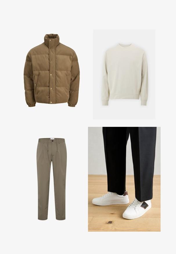 Hnědá kordurová péřová bunda s vysokým límcem, patkovými knoflíky, elastickými manžetami a bočními kapsami, vystavená na bílém pozadí.; Světle béžová mikina vyrobená z jemné látky s kulatým výstřihem, dlouhými rukávy a pružnými manžetami a spodním lemem. Minimalistický design, bez viditelných vzorů.; Olivově zelené kalhoty vyrobené z hladké látky s uvolněným střihem, elastickým páskem se šňůrkou a dvěma předními záhyby pro zvýraznění designu.; Bílé tenisky s hladkým povrchem, s hnědými koženými akcenty a černými detaily, kombinované s černými kalhotami na míru. Pozadí tvoří dřevěná podlaha.
