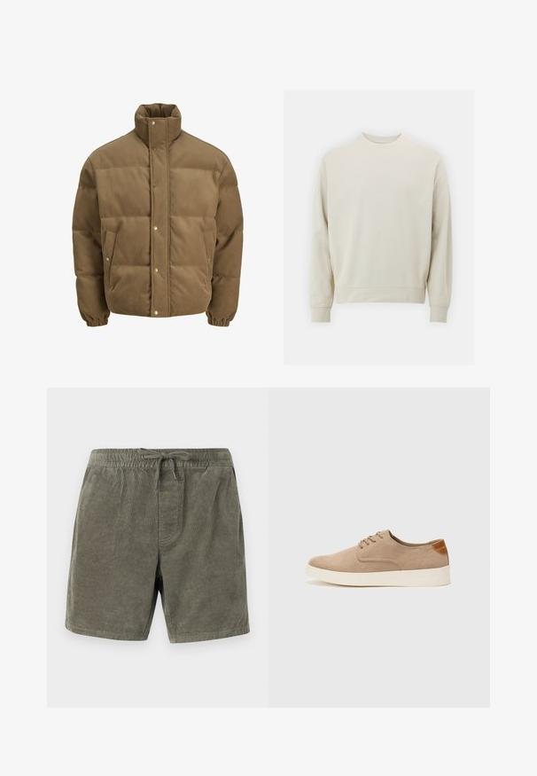 Brown corduroy puffer jacket with high collar, snap buttons, elastic cuffs, and side pockets, displayed on a white background.; Light beige sweatshirt made of soft fabric with a crew neck, long sleeves, and ribbed cuffs and hem. Minimalist design, no visible patterns.; Corduroy shorts in olive green, featuring an elastic waistband with drawstring, textured vertical ribs, and side pockets.; Beige suede sneakers with a rounded toe, lace-up front, and a textured back accent. White rubber sole provides contrast. Simple and modern design.