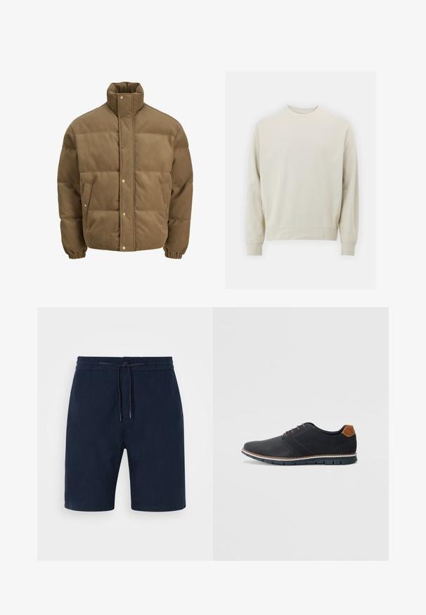 Ruskea corduroy-pufferttake, jossa on korkea kaulus, nepparit, elastiset hihansuut ja sivutaskut, esillä valkoista taustaa vasten.; Vaaleanbeige huppari, joka on valmistettu pehmeästä kankaasta, jossa on pyöreä kaula-aukko, pitkät hihat sekä joustavat hihansuut ja helma. Minimalistinen muotoilu, ilman näkyviä kuvioita.; Laivansiniset shortsit pehmeästä kankaasta, elastisella vyötärönauhalla ja nyörillä, sivutaskuilla ja suora lahkeilla.; Mustat synteettiset kengät, joissa on teksturoitu päällinen, sileät yksityiskohdat, ruskea kanta ja erottuva pohja. Ominaisuuksina minimaalinen nauhoitus ja ompeluyksityiskohdat.