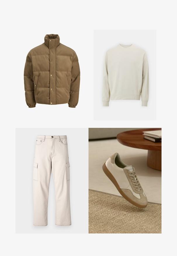 Ruskea corduroy-pufferttake, jossa on korkea kaulus, nepparit, elastiset hihansuut ja sivutaskut, esillä valkoista taustaa vasten.; Vaaleanbeige huppari, joka on valmistettu pehmeästä kankaasta, jossa on pyöreä kaula-aukko, pitkät hihat sekä joustavat hihansuut ja helma. Minimalistinen muotoilu, ilman näkyviä kuvioita.; Beige farkkuhousut, jotka on valmistettu puuvillasta, varustettuna kahdella sivutaskulla, suoralla lahjemuotoilulla ja kontrastivärisillä ommelluilla yksityiskohdilla.; Kevyt lenkkari, jossa on valkoinen nahkaotsikko, beige mokkanahkakoristeet, pyöreä kärki ja teksturoitu ruskea kumipohja.