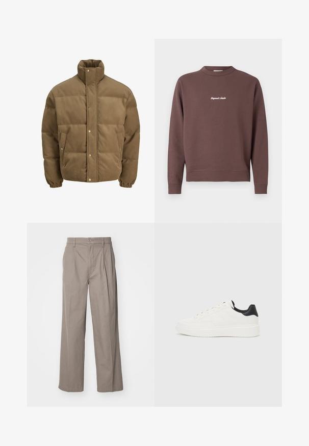 Rjav cordurojasti puhovnik z visokim ovratnikom, zaponkami na gumbe, elastičnimi manšetami in stranskimi žepi, prikazan na beli podlagi.; Rjava majica s krožnim izrezom, z ribanim robom in manšetami. Z bele vezenine z besedilom "Original Studio" na prsih. Iz mešanice bombaža.; Bež široke hlače iz mešanice bombaža, s plisami in gumbom na zapiranju. Gladka tekstura s šivanim robom.; Beli usnjeni superge z embosiranim vzorcem, teksturiranimi belimi srednjimi podplati in črnim poudarkom na peti. Imajo zaobljen nos in ravne vezalke.