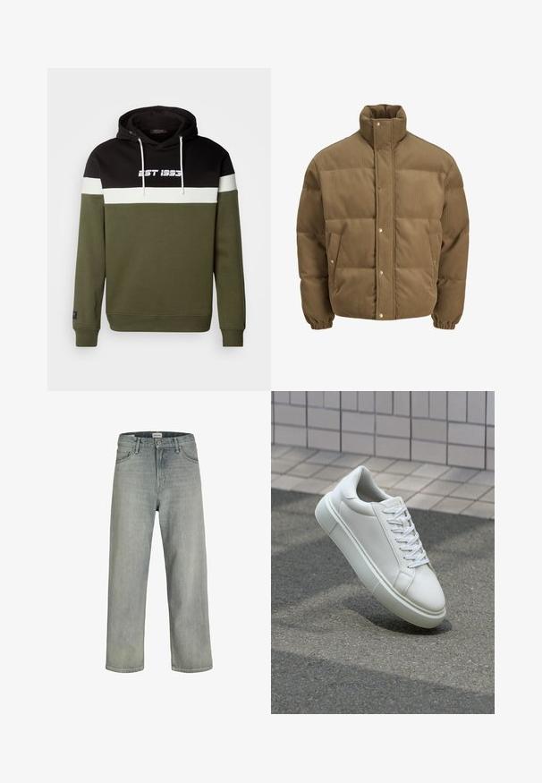 Pruunist kootud puffer-jope kõrge kraega, nööbid, elastsed mansetid ja küljetaskud, esitatud valgel taustal.; Kapuci sweatshirts musta, valge ja oliivroheline paneelidega, esisel "EST 1995" tekstiga ja tõmblukuga aktsentidega. Puuvilla segakanga materjal.; Heledad hallhallid, laia lõikega denimist teksased. Omavad klassikalist viie tasku disaini, vööloopse ja sirget säärelõiget.; Valge nahkline sneka, millel on sile pind, ümar varvas ja lame valge pael. Omab tekstuuriga kummist talla ja minimaalset kujunduselementi.