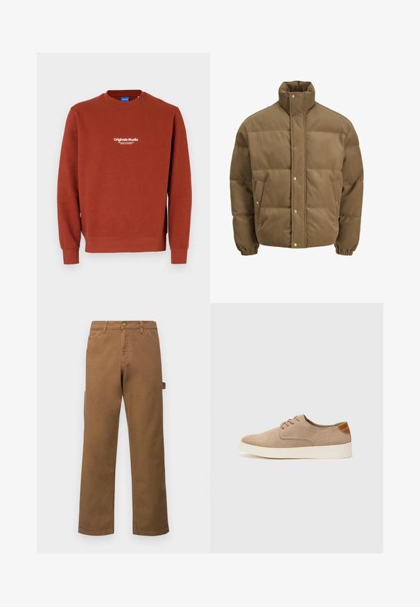 Chaqueta de plumón de pana marrón con cuello alto, botones a presión, puños elásticos y bolsillos laterales, exhibida sobre un fondo blanco.; Sudadera de color óxido hecha de un tejido suave. Presenta un escote redondo y mangas largas. En la parte delantera, el texto blanco muestra "Originals Studio."; Pantalones cargo de algodón marrón con piernas rectas, que presentan bolsillos laterales y un cierre de botón metálico en la cintura. Textura suave y diseño casual.; Zapatillas de ante beige con puntera redondeada, cordones en la parte delantera y un acento texturizado en la parte trasera. La suela de goma blanca proporciona contraste. Diseño sencillo y moderno.