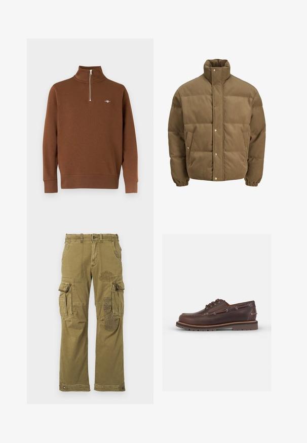 Hnedý kordurovkový bomber s vysokým golierom, sponami, elastickými manžetami a postrannými vreckami, vystavený na bielom pozadí.; Hnedý pulóver so širokým golierom a polovičným zipsom. Vyrobený z mäkkej tkaniny, s rebrovanými manžetami a malým logom na hrudi.; Hematková košeľa s dlhým rukávom v fialových a ružových tónoch, so zapínaním na gombíky a čiernymi gombíkmi, vyrobená z mäkkej tkaniny s hladkou textúrou.; Olivové cargo nohavice s viacerými vreckami, s vzorovanou nášivkou na pravej nohe a zosilneným šitím. Vhodné na voľný čas s pohodlným strihom a textúrou látky.; Hnedé kožené lodné topánky s okrúhlou špičkou, šiestimi dierkami na šnúrky, kontrastným stehovaním a štruktúrovanou gumovou podrážkou.