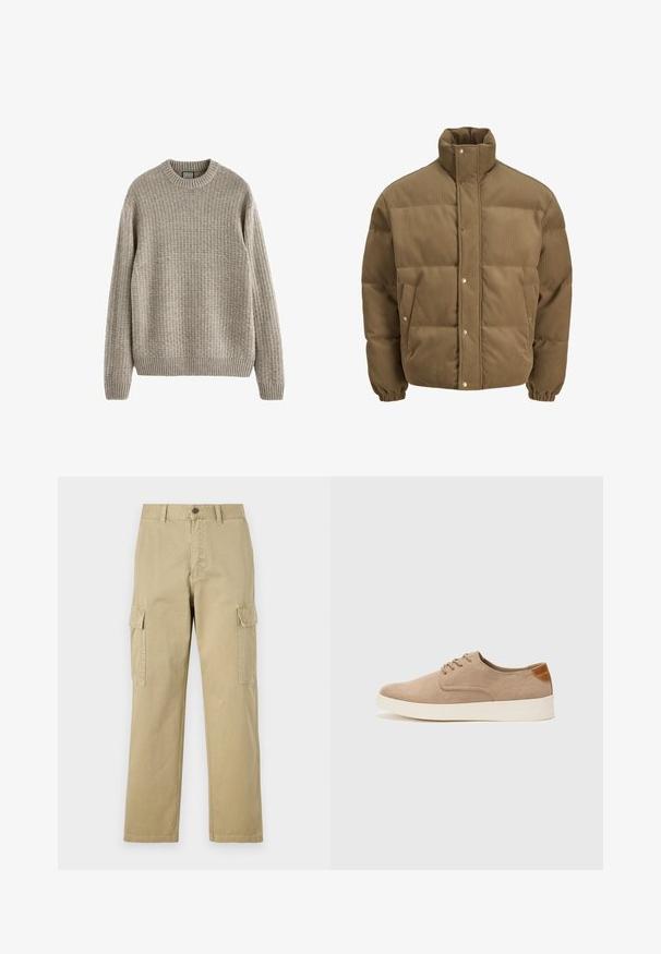 Brown corduroy puffer jacket with high collar, snap buttons, elastic cuffs, and side pockets, displayed on a white background.; Beige ribbed sweater with a round neckline, long sleeves, and a textured knit pattern. Features a ribbed hem and cuffs.; Beige cargo pants made of cotton, featuring two side pockets, a button closure, and straight legs with a slightly textured fabric.; Beige suede sneakers with a rounded toe, lace-up front, and a textured back accent. White rubber sole provides contrast. Simple and modern design.