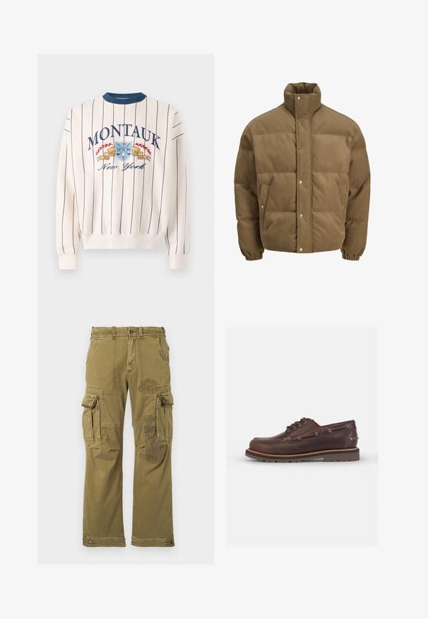 Hnedý kordurovkový bomber s vysokým golierom, sponami, elastickými manžetami a postrannými vreckami, vystavený na bielom pozadí.; Abercrombie & Fitch Golf Graphic Crew Sweatshirt - Mikina - white; Hematková košeľa s dlhým rukávom v fialových a ružových tónoch, so zapínaním na gombíky a čiernymi gombíkmi, vyrobená z mäkkej tkaniny s hladkou textúrou.; Olivové cargo nohavice s viacerými vreckami, s vzorovanou nášivkou na pravej nohe a zosilneným šitím. Vhodné na voľný čas s pohodlným strihom a textúrou látky.; Hnedé kožené lodné topánky s okrúhlou špičkou, šiestimi dierkami na šnúrky, kontrastným stehovaním a štruktúrovanou gumovou podrážkou.