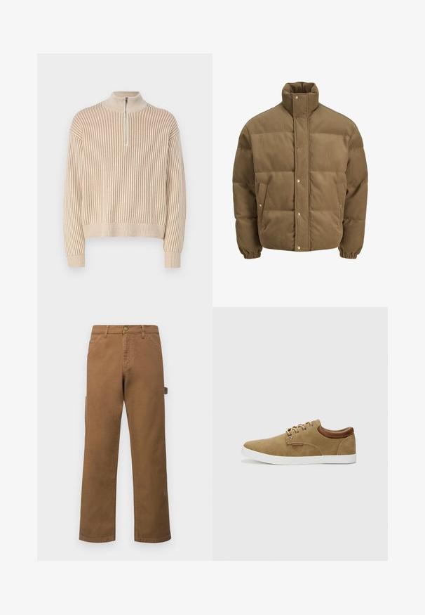 Giacca puffer in corduroy marrone con colletto alto, bottoni a pressione, polsini elasticizzati e tasche laterali, esposta su uno sfondo bianco.; Maglione beige a coste con collo alto e parte anteriore con zip corta. Presenta maniche lunghe e un fit rilassato. Motivo a maglia testurizzato su tutta la superficie.; Pantaloni cargo marroni in cotone con gambe dritte, dotati di tasche laterali e chiusura con bottone metallico in vita. Tessuto liscio e design casual.; Sneaker in suede tan con suola in gomma bianca, dettagli in pelle marrone sul tallone e occhielli in argento per i lacci. Design semplice e arrotondato.