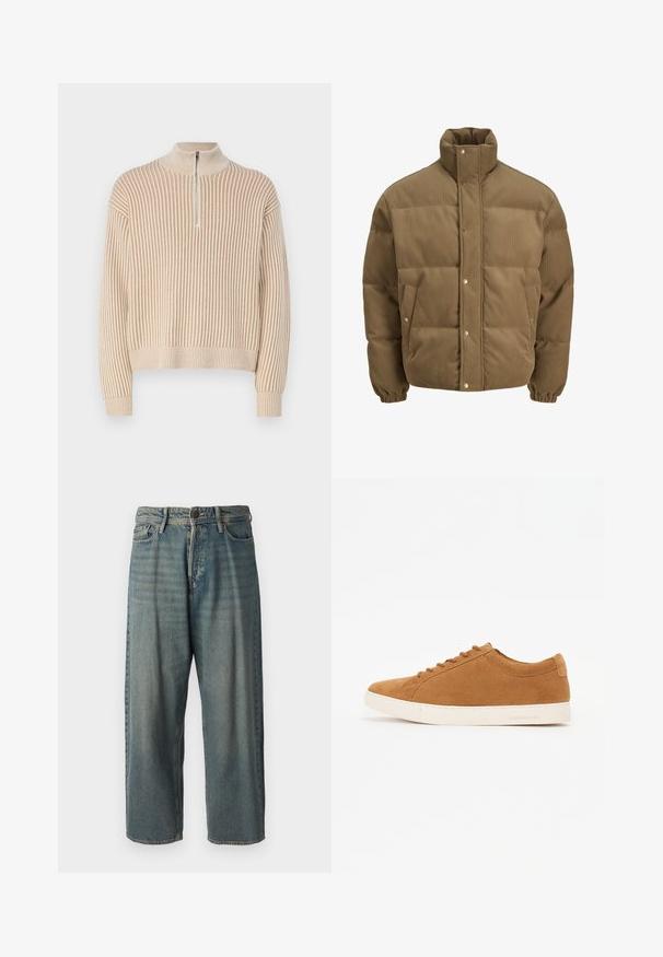 Jachetă puffer din catifea călduță, de culoare maro, cu guler înalt, nasturi cu capse, manșete elastice și buzunare laterale, expusă pe un fundal alb.; Pulover bej ribat cu guler înalt și un fermoar scurt în față. Are mâneci lungi și o croială lejeră. Model de tricot texturat pe întreaga suprafață.; Jeans din denim bleu deschis, cu o croială lejeră, talie medie și picioare drepte. Au cinci buzunare, bucle pentru curea și închidere cu nasture.; Adidași maro din suede cu un design low-top, talpă din cauciuc alb și vârf rotund. Prezintă șireturi asortate și branding minim pe toc.